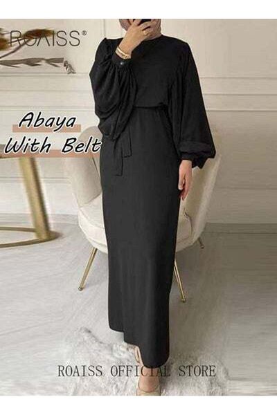 ROAISS Abaya with Belt for Women Ladies Long Sleeve Dress Lantern Sleeve Tunic Round Neck Elegant Dress