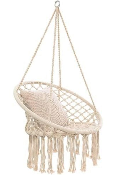 Türkiye Hammock Chair, Hanging Swing with Macrame and Cushion, Max 330 Lbs, Beige Hanging Cotton Rope Chair