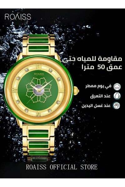 ROAISS Mens Luxury Jade Quartz Watches Luminous Waterproof Wristwatch with Gold Band