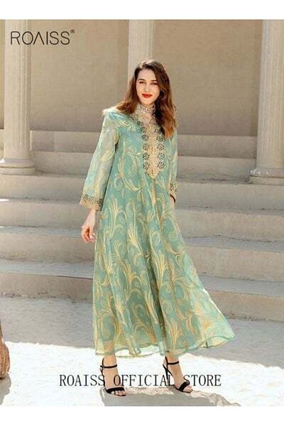 ROAISS Women Stand Collar Graphic Printing Robe Maxi Dresses Abaya Middle East Banquet Wedding Party Dress