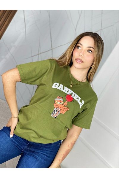LUNAVISTA Cartoon and Letter Printing Short Sleeve Round Neck T-Shirt