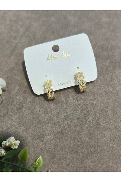 VİYA Gold Pearl and Zircon Stone Hoop Earrings Steel Earrings