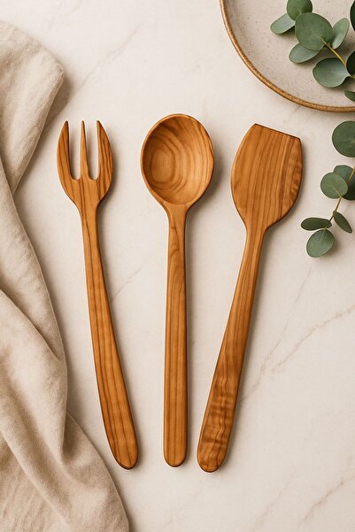 FIRSAT YOLU El Yapımı Zeytin Ağacı Ahşap Servis Çatalı-Kaşık-Spatula Doğal, S...
