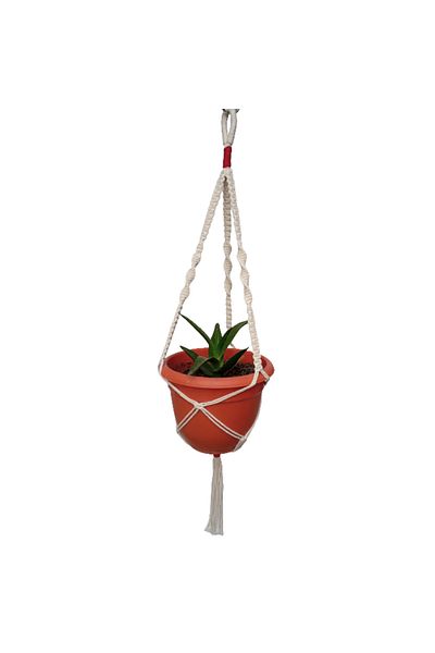 OEM White macrame holder with red details, for flower pots with a diameter of 18-20 cm