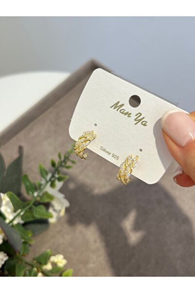 VİYA Gold Pearl and Zircon Stone Hoop Earrings Steel Earrings