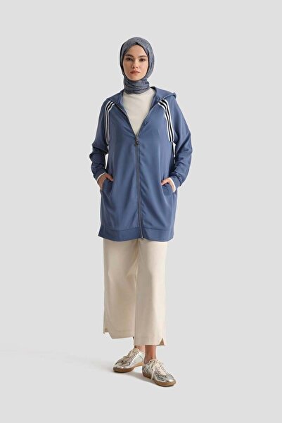 Armine Trend Boydan Fermuarlı Kapüşonlu Tunik - İndigo