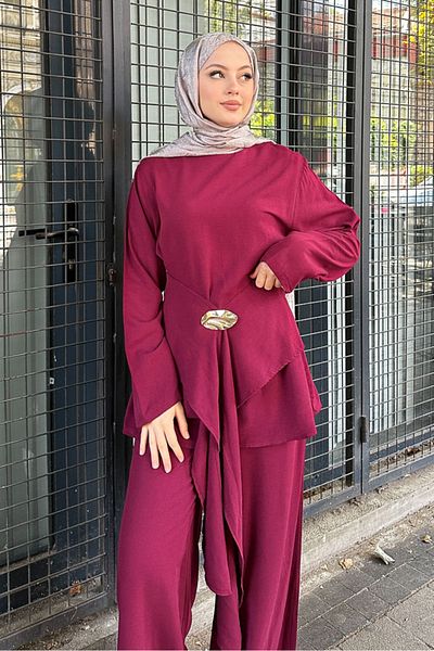 Ovn. Arin Belt Detailed Suit - Claret Red