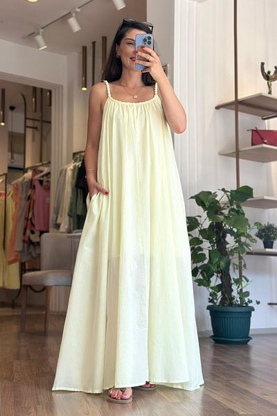 Unique Boutique Yellow Knitted Strap Long Cotton Pocket Dress