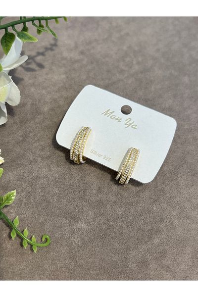 VİYA Gold Pearl and Zircon Stone Hoop Earrings Steel Earrings