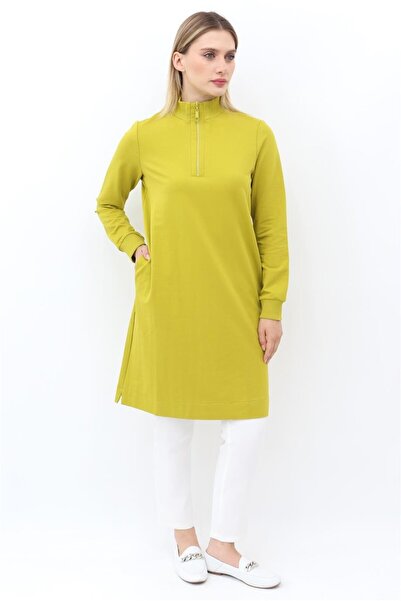 Mahhar Dik Yaka İki İplik Fermuarlı Tunik - Olive