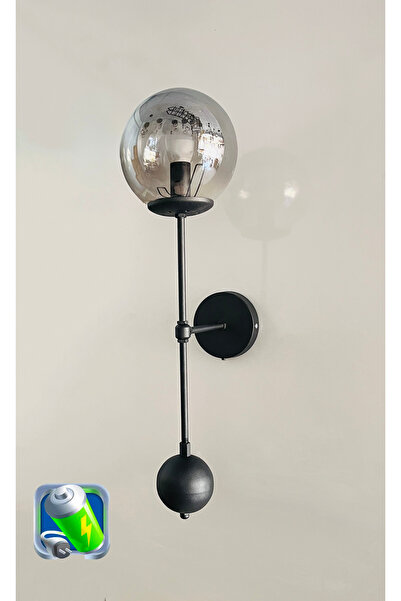 gaziantepavize Şarj Et Kullan Gezegen Şarjlı Pilli Aplik Siyah Kasa Füme Camlı Metal Modern Aydınlatma -Tek Adet