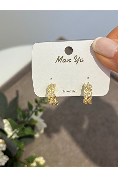 VİYA Gold Pearl and Zircon Stone Hoop Earrings Steel Earrings