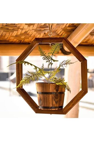 genric FFD Rustic Wooden Hanging Flower Pot - Wall-Mounted Decorative Vase