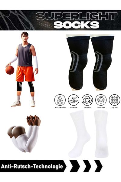 Bellanora Set of 6 Basketball Knee Sleeves + Anti-Slip Basketball Combed Cotton Sports Socks + Elbow Supported Basketball Sleeves