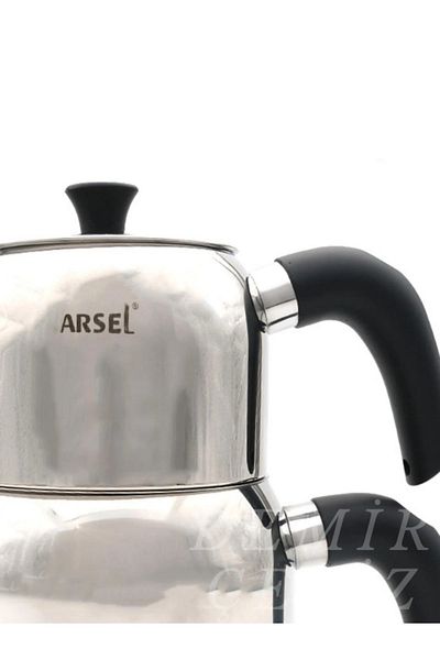 Demir Çeyiz طقم إبريق شاي صغير الحجم من الفولاذ من Arsel Modern Midi - بمقبض من الباكليت (الجزء العلوي: 0.80 لتر / الجزء السفلي: 0.85 لتر)