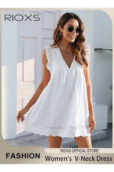 RIOXS Women Mini Dress, V-Neck Sleeveless Dress with Back Zipper, Lace Up Smocking Ruffle Short Slip Dress