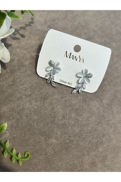 VİYA Silver Flower Motif Leaf Steel Earrings