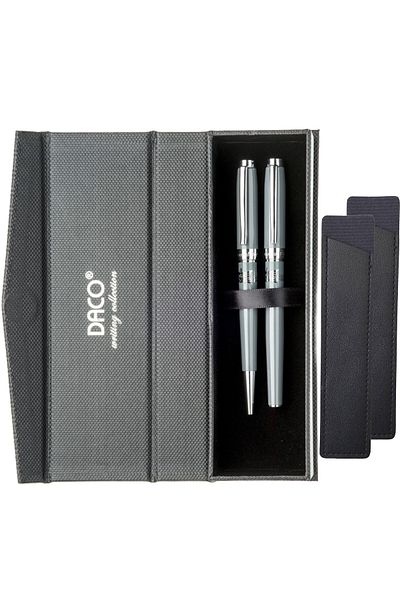 daço DACO SE268GR Grey Ballpoint Pen Set + FLR Leather Case