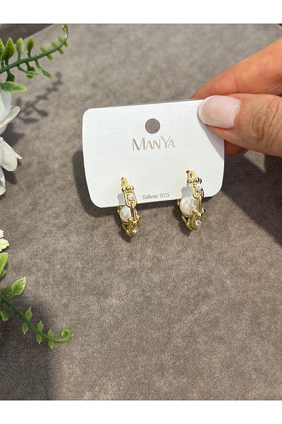VİYA Gold Pearl and Zircon Stone Hoop Earrings Steel Earrings