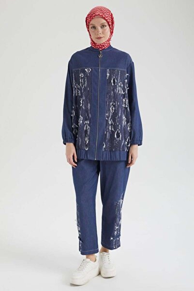 Armine TREND Denim Kumaş Eskitme Detaylı Pantolonlu İkili Takım Lacivert 25YT666