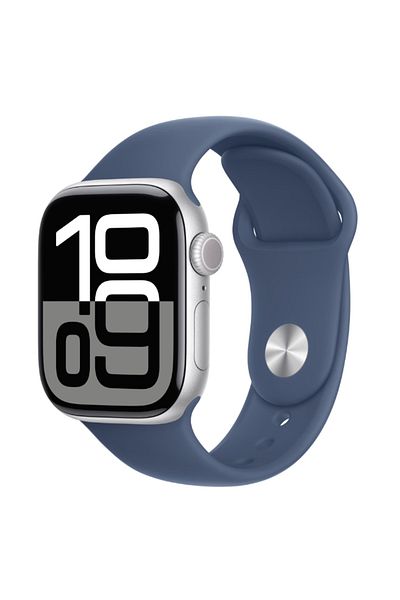 Apple Watch Series 10 GPS + Cellular 42mm Silver Aluminium Case with Denim Sport Band - M/L