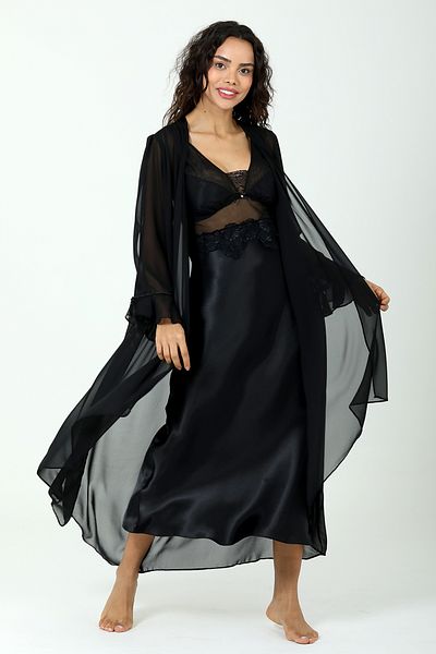 Bondy Long Slit Dowry Romantic Satin Nightgown Dressing Gown Set Premium Black