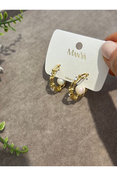 VİYA Gold Pearl and Zircon Stone Hoop Earrings Steel Earrings