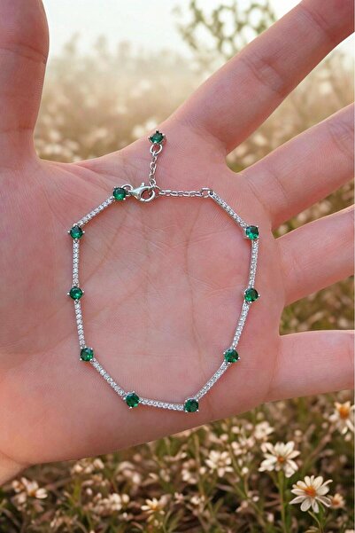 Erer Gümüş Gümüş yeşil taşlı su yolu bileklik is8986c2