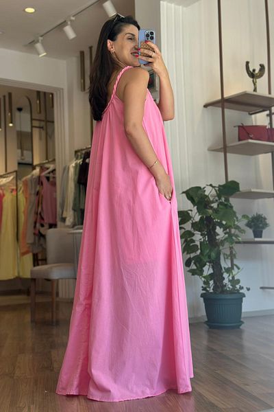 Unique Boutique Pink Knitted Strap Long Cotton Pocket Dress