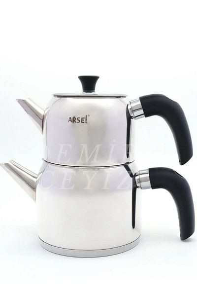 Demir Çeyiz طقم إبريق شاي صغير الحجم من الفولاذ من Arsel Modern Midi - بمقبض من الباكليت (الجزء العلوي: 0.80 لتر / الجزء السفلي: 0.85 لتر)