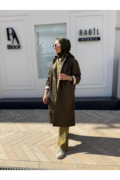 QOOQ STORE Yakası Fermuarlı Kadın Yağmurluk Haki Yeşil