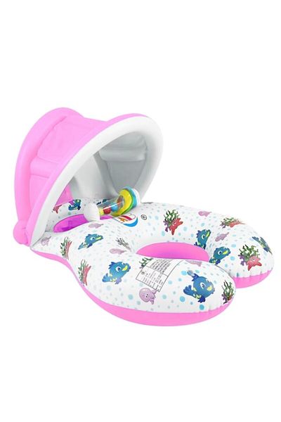Toyska Inflatable Swim Ring for Mother and Child with Detachable Sunshade, Pink,