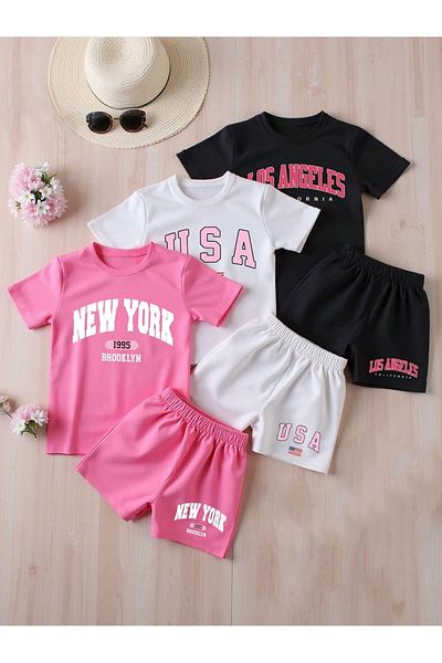 Elmude Girls' Summer Shorts T-Shirt Set Set of 3 - Printed Casual Sports Set (Age 3-14)