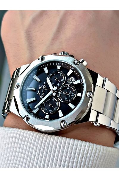 Slazenger 10 Atm Waterproofness Silver-Black Color Steel Cord Steel Case Men Wristwatch 2501.02Mr