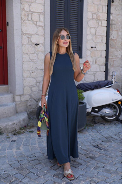 Kokosh moda Kadın Sıfır Kollu Bisiklet Yaka Viskon Elbise