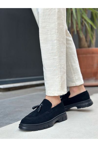 pabucmarketi Tasseled Men's Casual Shoes Black Suede (Black Sole)