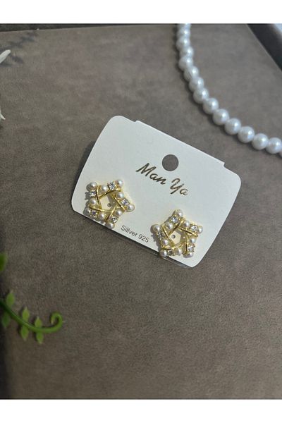 VİYA Gold Minimal Zircon and Pearl Stone Star Motif Steel Earrings