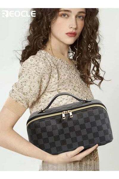 REOCLE Women's Wash Bag Large Capacity Storage Bag Portable Waterproof Bag Fashion Handbag Grid Pattern Bag