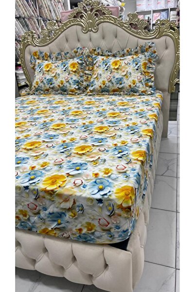 AHSEN TASARIM 5 D Digital Fabric Fitted Sheets and 2 Ruffle Pillowcases