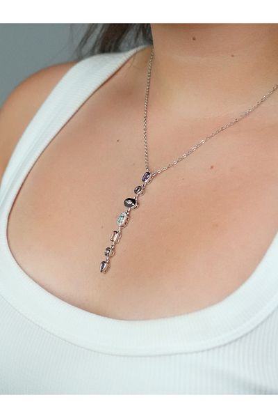 Sumen Butik Y Necklace with Stones Gold and Silver Color Steel