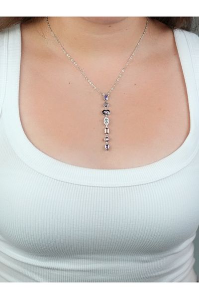 Sumen Butik Y Necklace with Stones Gold and Silver Color Steel