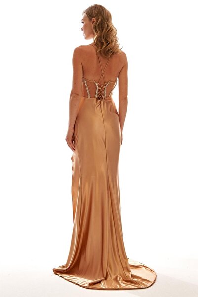 Elbisemhazır Transparan Tül Taş Detaylı Yırtmaçlı Saten Abiye Elbise