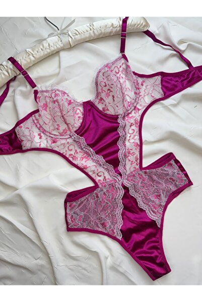 ROZENİN LINGERIE Fuşya Çiçek Işlemeli Saten Detaylı Bodysuit
