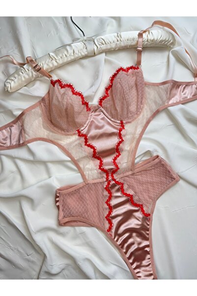 ROZENİN LINGERIE Pudra Transparan Dantel Çiçek Işlemeli Saten Detaylı Bodysuit