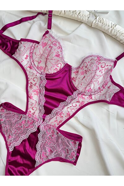 ROZENİN LINGERIE Fuşya Çiçek Işlemeli Saten Detaylı Bodysuit