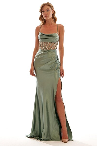 Elbisemhazır Transparan Tül Taş Detaylı Yırtmaçlı Saten Abiye Elbise