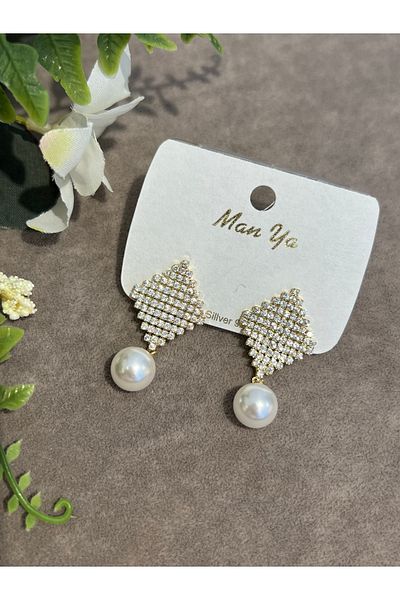 VİYA Gold Pearl and Zircon Stone Quadrilateral Steel Earrings