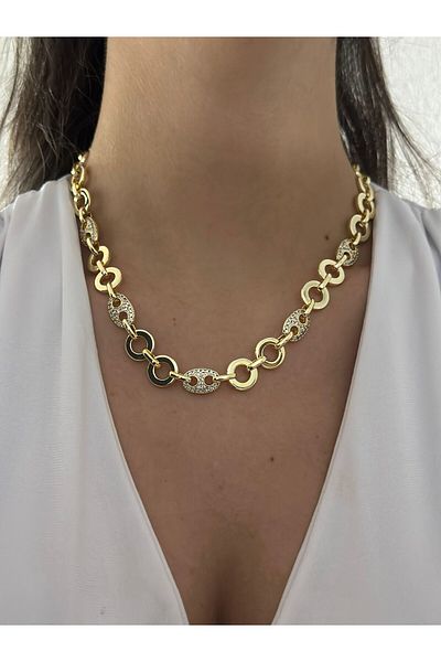 MyladyAccessoriess Zircon Stone Detail Interlocking Chain Necklace (Steel)