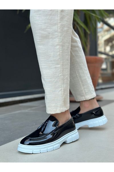 pabucmarketi Tasseled Men's Casual Shoes Black Patent Leather (White Sole)