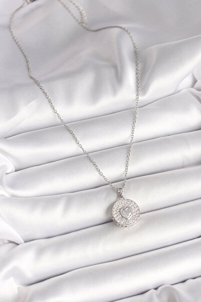 ForWhat سلسلة فضية من الفولاذ مع قلادة على شكل قلب مرصعة بالزركون للمرأة الأنيقة